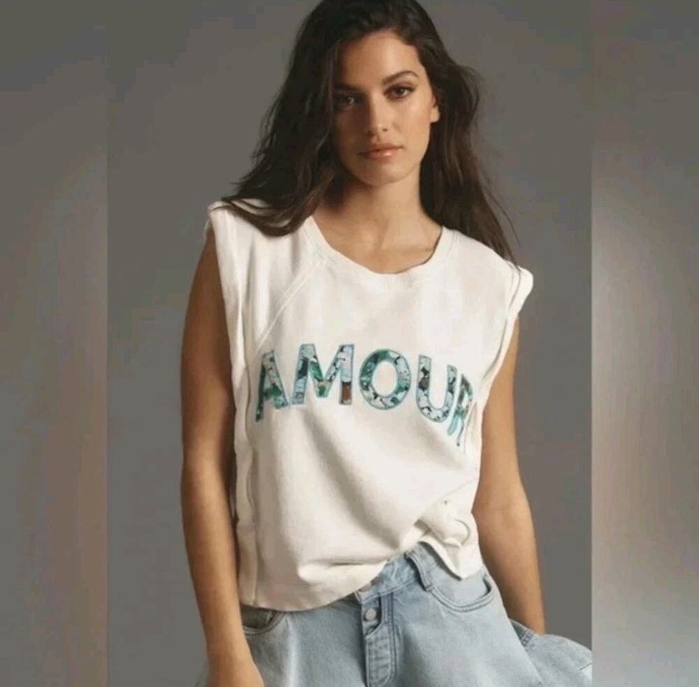 Anthropologie Womenβs Size XS White Amour Embroidered Muscle Sweatshirt Top